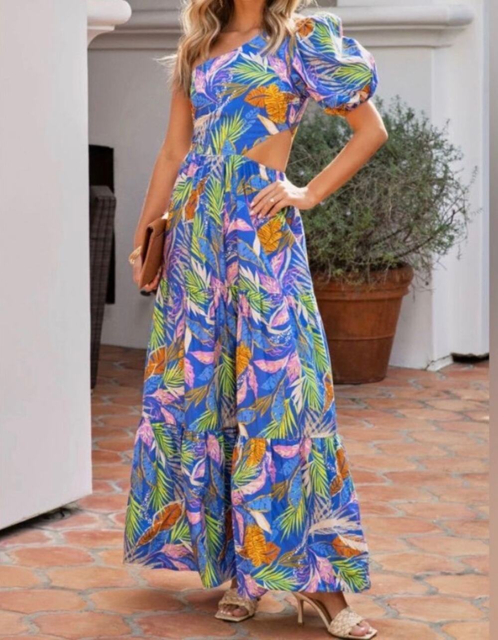 FLYING TOMATO Tropical Print One Shoulder Puff Cut-Out Maxi Dress